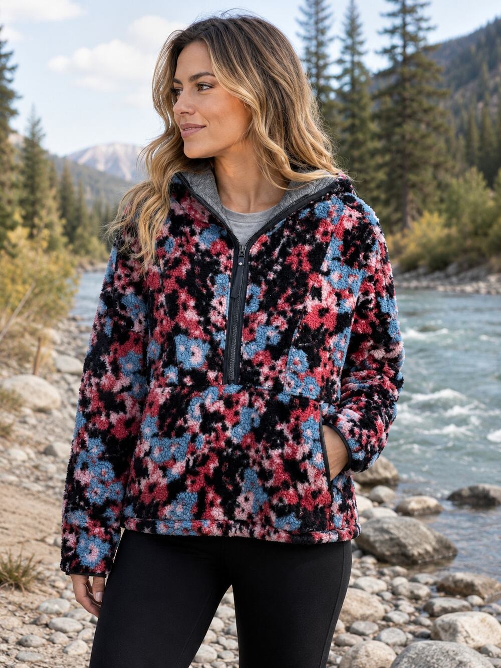 Prana Floral Polar Escape Half Zip Fleece Pullover Women's Large Cozy Hiking